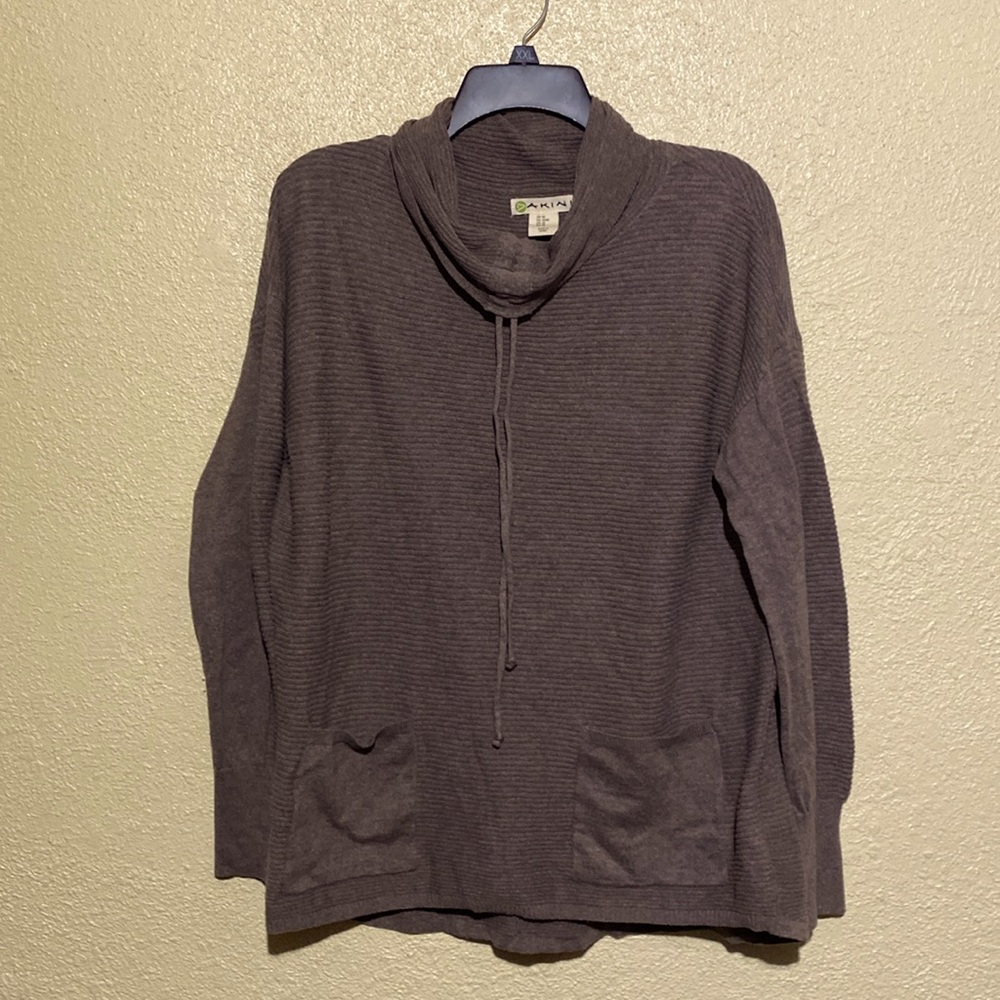 Akini Sweater M Stretchy Pullover Cowl Neck Brown Taupe Pockets Stretchy Cotton